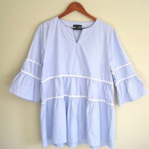 BUA BUA Shirt Top Blue White Stripe Ribbon Detail Blouse Bell Sleeve Women's L